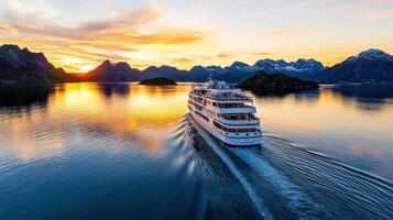 Luxury cruise ship sailing in the lofoten islands, norway photo