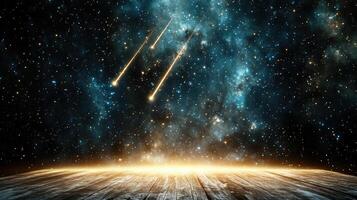 A wooden floor with stars and a light shining on it photo