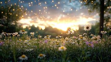A field of daisies and sunflowers at sunset photo