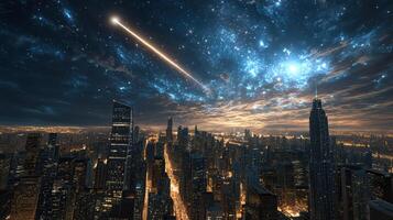 A city with a shooting star in the sky photo