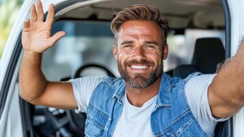 Smiling man in a van waving his hand photo