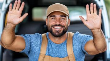 A smiling man waving his hands in the back of a van photo