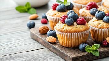 A tray of muffins with berries and nuts photo