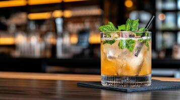 A cocktail with ice and mint leaves on a bar photo