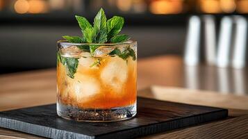 A cocktail with ice and mint leaves on a black tray photo