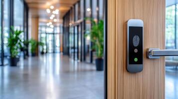 A door handle on a wooden door in a modern office photo
