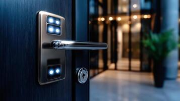 A door handle with blue lights on it photo