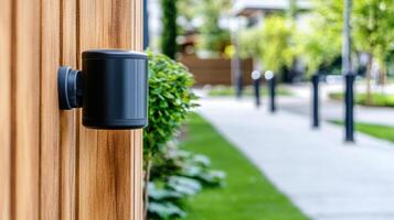 A black doorbell on a wooden fence photo