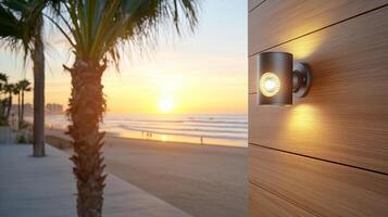 A light on a wall near the beach at sunset photo