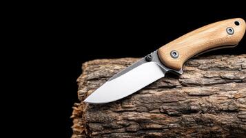 A knife is sitting on top of a log photo