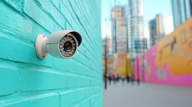A security camera mounted on a wall in front of a colorful building photo