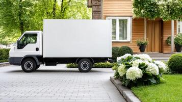 A white delivery truck parked in front of a house photo