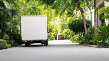 A white delivery truck is parked on a street photo