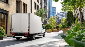 A white delivery truck driving down a city street photo