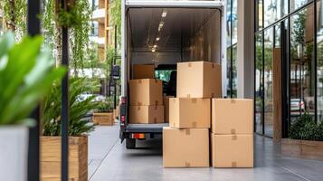 A moving truck is parked in front of a building photo
