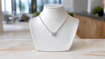 A white necklace with a diamond on it photo