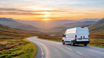 A white van driving down a road at sunset photo