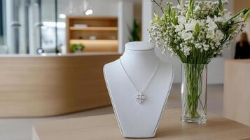 A white mannequin with a necklace and flowers on a table photo