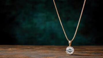 A diamond pendant on a wooden table photo