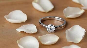 A diamond ring sits on top of white petals photo
