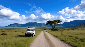 A vehicle is driving down a dirt road in the middle of a grassy field photo
