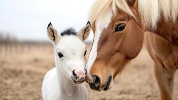 A horse and a baby horse standing in a field photo