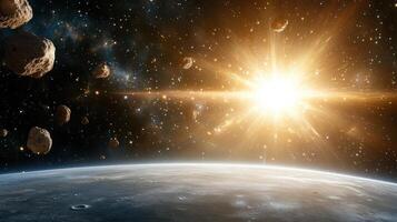An asteroid is seen in the sky above the earth photo