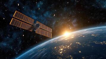 Space satellite in orbit over earth with sun in the background photo