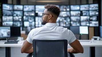 A man sitting at a desk in front of multiple monitors photo