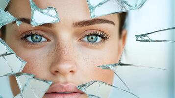 A woman with blue eyes is looking through a broken glass photo