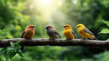 Five birds sitting on a branch in the sun photo