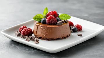 Chocolate mousse with berries and mint photo