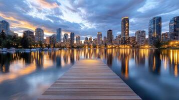 A dock extends into the water in front of a city skyline photo