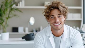A man in a white lab coat smiling photo