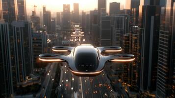 A futuristic flying car in the air over a city photo