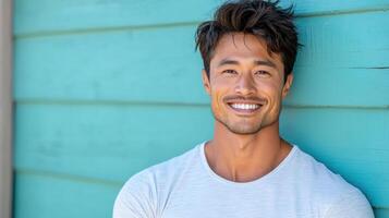 A man with a smile standing in front of a blue wall photo