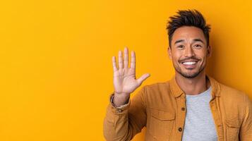 A man is waving his hand in front of a yellow background photo