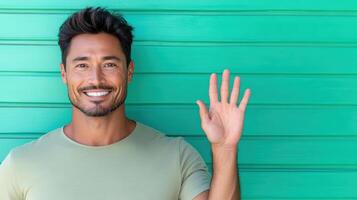 A man is waving his hand in front of a green wall photo