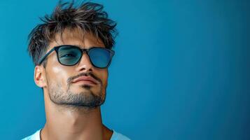 A man with sunglasses on a blue background photo