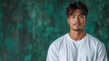 A man in a white t - shirt standing against a green wall photo