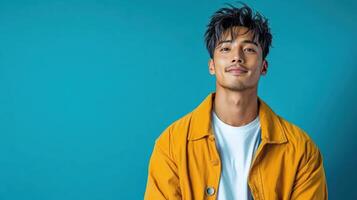 A young man in yellow jacket posing against a blue background photo