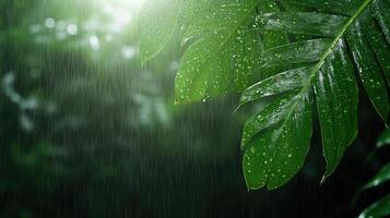 Rainy tropical jungle background with green leaves and water droplets photo