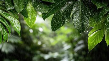 Rainy jungle background with green leaves and water droplets photo
