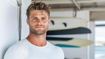 A man in a white shirt standing next to surfboards photo