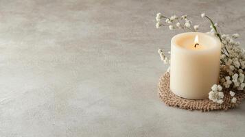 Candle with lily of the valley flowers on grey background photo