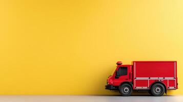 A toy fire truck is standing in front of a yellow wall photo