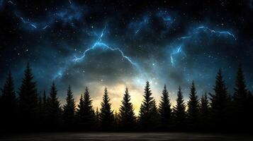 A forest with trees and lightning in the sky photo