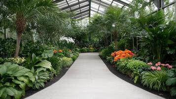 A walkway in a greenhouse with lots of plants photo
