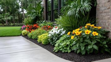 A flower bed with colorful flowers in front of a house photo