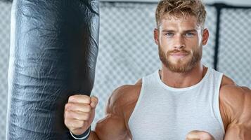 A man with a beard and muscles is posing in front of a punching bag photo